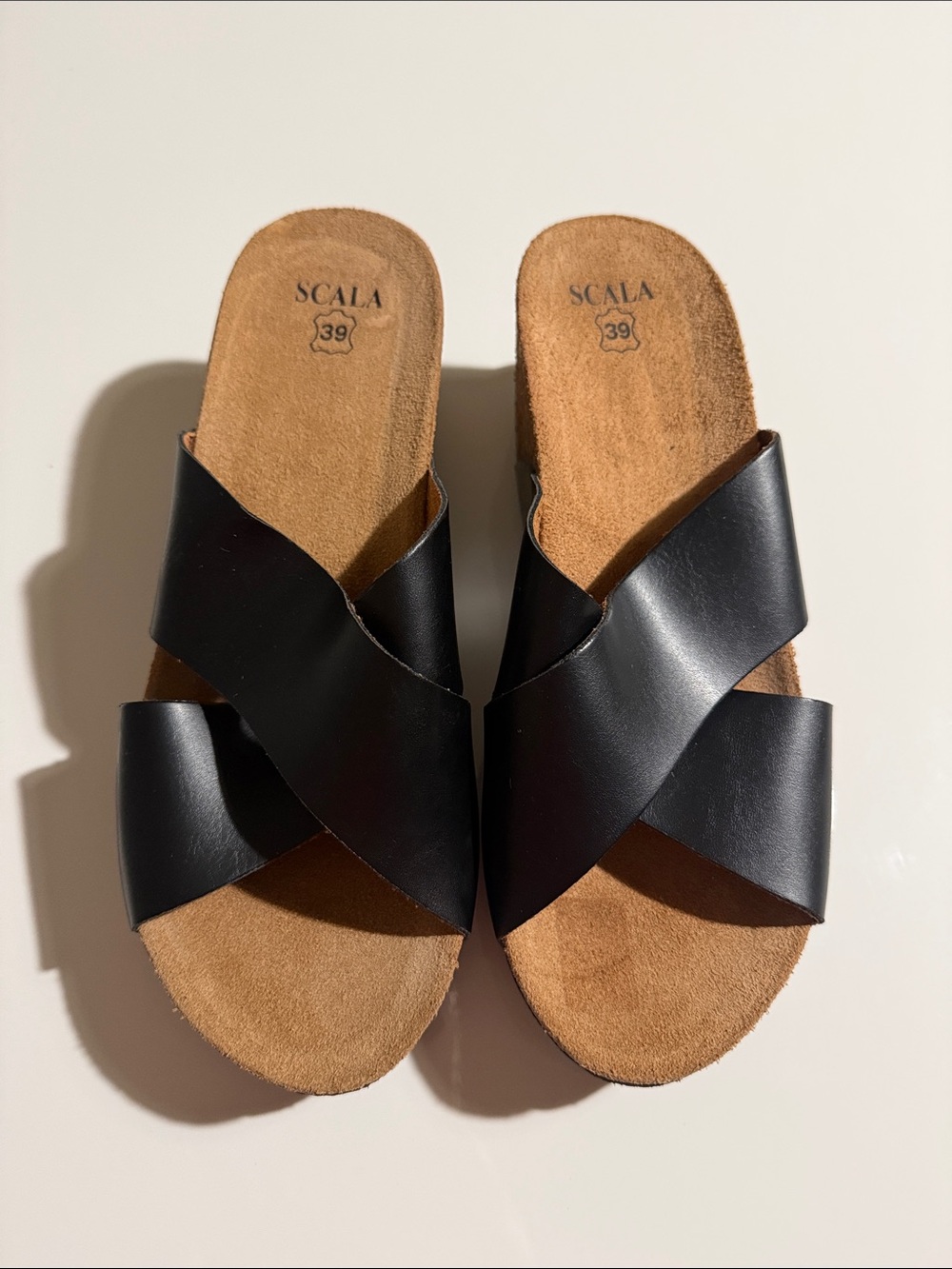Scala Black Leather Crossband Slide Sandals Sz 39